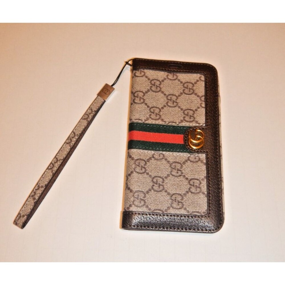 Gucci Brown Monogram Wristlet Phone Case with Signature Web Stripe